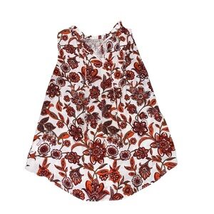 LOFT Floral Sleeveless Tie Neck Blouse Orange Brown White Boho Shell XSP